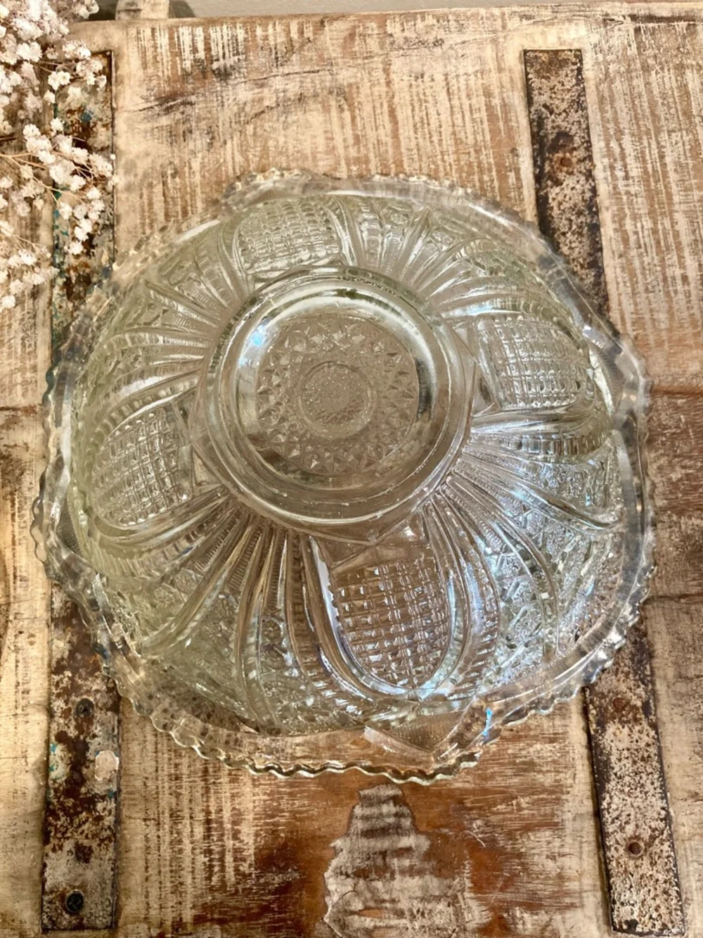 Mismatched Glass Punch Bowl and Base Flowers Pattern